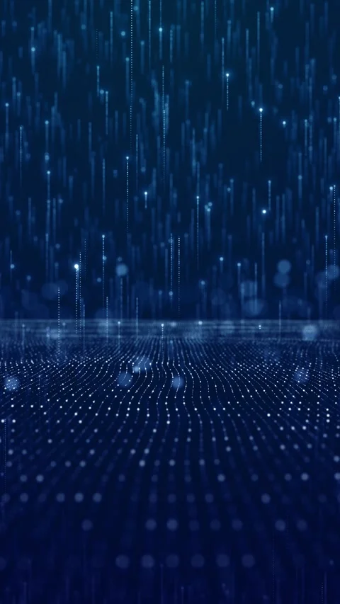 Blue data field rain background with dotted ground waves, falling light columns, Stock Footage 340555345