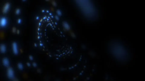 Blue Data Flow Particles with Shallow DOF Creating Glowing Inverted Cylindrical Stock Footage 331212042