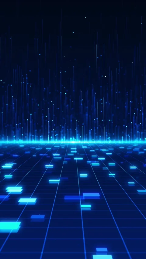 Blue data grid particle floor glowing square tiles, vertical light streaks, dark Stock Footage 340566634