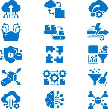 Blue Data Management and Cloud Computing Icon Set for Digital Business Proc.. Stock Illustration