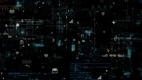 Blue data matrix simulation digital grid line and ai technology icon Stockbeeldmateriaal 247504672