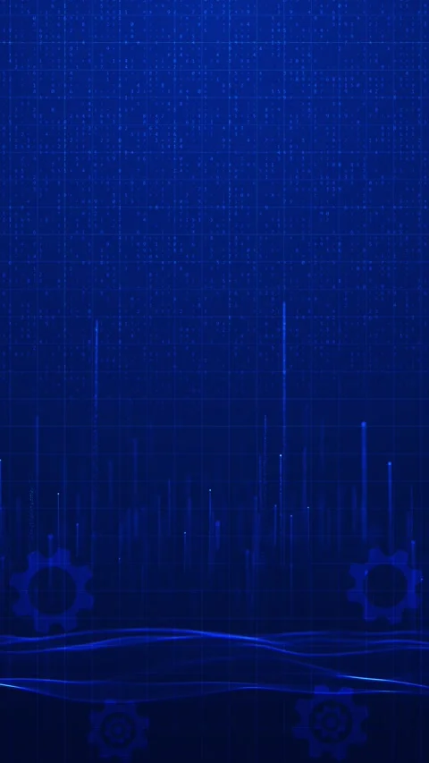 Blue data matrix technology background falling numbers, gear silhouettes, grid l Stock Footage 340525073