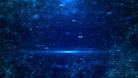 Blue data network interface background glowing node links, code panels, floating Stock Footage 333974765
