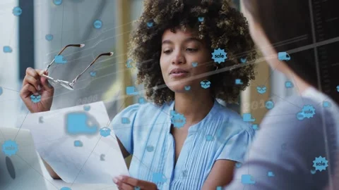 Blue data overlay appearing, fading, woman raising specs, reading report, Video stock 332705046