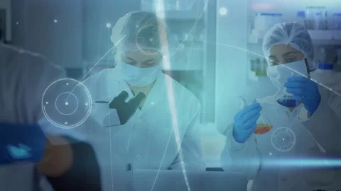 Blue data overlay appearing, lab staff rotating petri dish, leaning to Stock Footage 330509340