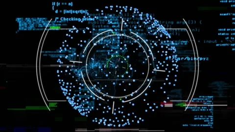 As blue data points appearing scanning HUD generating rings rotating arc Stock Footage 317593011
