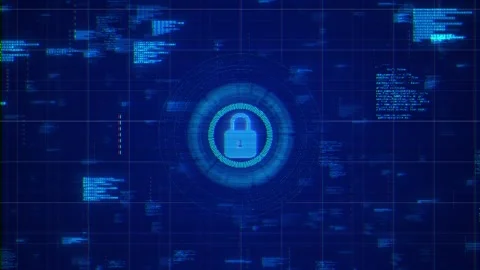 Blue data protection lock visual central security icon, glowing interface rings, Stock Footage 340556979
