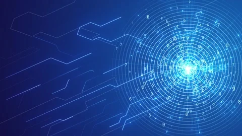 Blue data radar interface visual with glowing numeric rings, right side HUD targ Stock Footage 340550602