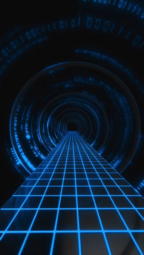 Blue data tunnel grid background circular digital rings, glowing pathway, binary Stock Footage 340528119