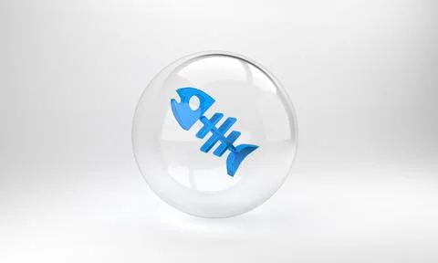Blue Dead fish icon isolated on grey background. Glass circle button. 3D rend Stock Illustration