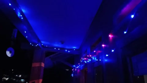 Blue Decorative Lights on Ceiling at Night Stock Footage 316974093