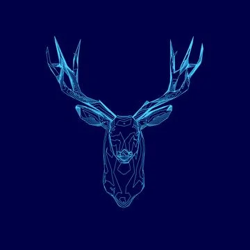 Blue deer head with a blue background. The deer head is drawn in a stylized way, Ilustración de archivo