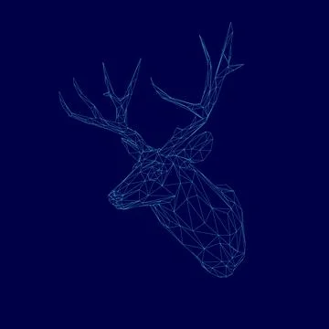 Blue deer head with a blue background. The deer head is made of a mesh of lines Stock Illustration