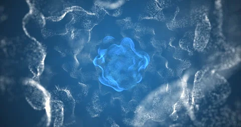 A blue deformable ball inside a sphere of white clouds of particles Stock Footage 241791469