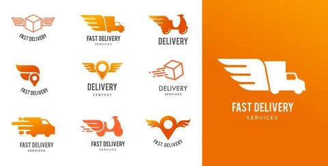 Blue delivery logos collection, set of emblems, symbols and icons. Fast delivery Stock Illustration