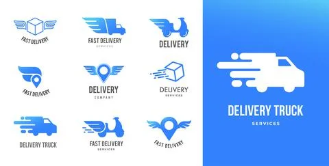 Blue delivery logos collection, set of emblems, symbols and icons. Fast delivery Stock Illustration