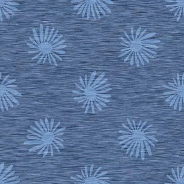 Blue denim marl seamless pattern with patterned daisy. Jeans bleached texture Stock Illustration