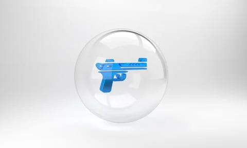 Blue Desert eagle gun icon isolated on grey background. Glass circle button.  Illustrazione stock
