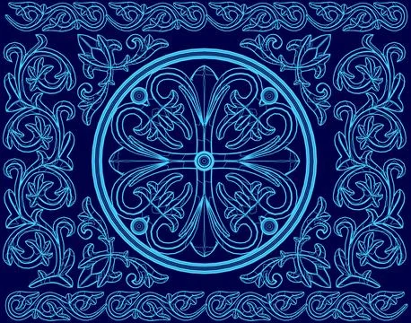 Blue design with a blue circle in the center. The circle is surrounded by four Illustrazione stock