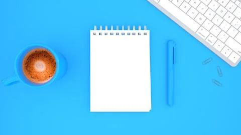 Blue desk office with notepad, keyboard and other work supplies with cup of.. Stock Illustration
