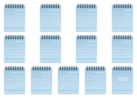 Blue desktop calendar template featuring clean grid layout, spiral-bound pl.. Stock Photos
