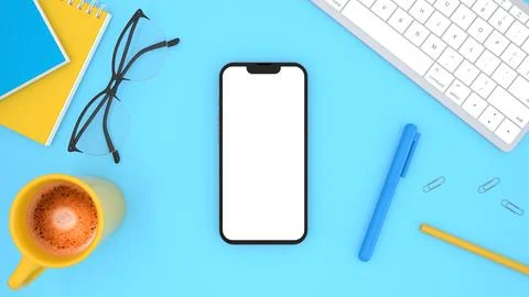 Blue desktop with computer, smartphone, supplies and coffee. Top view with pl Stock Illustration