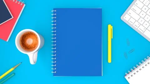 Blue desktop with notepad, keyboard with coffee cup and other work supplies.. Stock Illustration