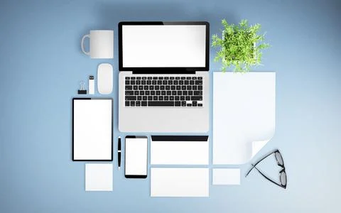 Blue desktop with office stuff Stock Illustration
