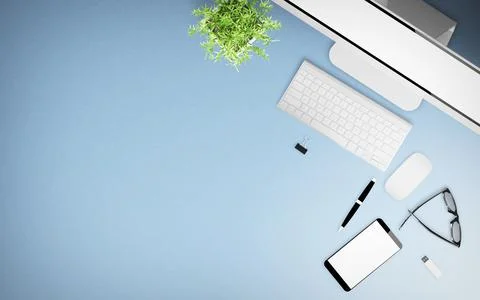 Blue desktop with office stuff Stock Illustration