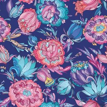 Blue Detailed Floral Vector Pattern Stock Illustration