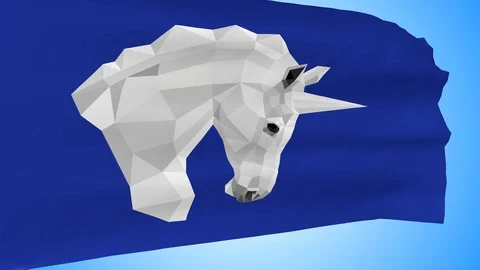 Blue developing in the wind a flag with a pattern of a polygonal unicor Stock Footage 93909404