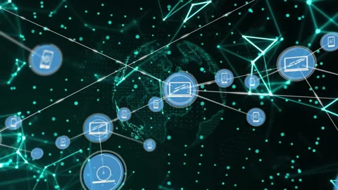Blue device icon rising over rotating globe sparking linking lines showing 動画素材 314183433