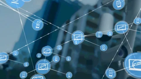 Blue device icons from single hub, expanding, connecting and mapping smart city Stock Footage 333106008