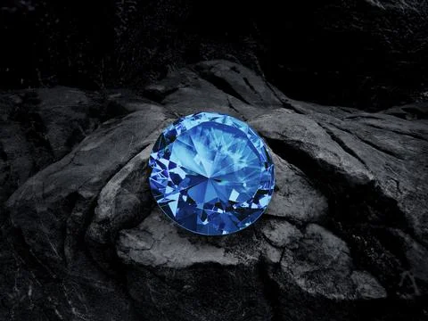 Blue diamond on black coal background Stock Photos