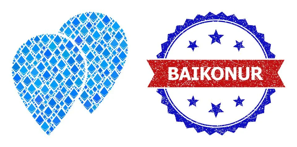 Blue Diamond Collage Map Pointers Icon and Unclean Bicolor Baikonur Watermark Stock Illustration