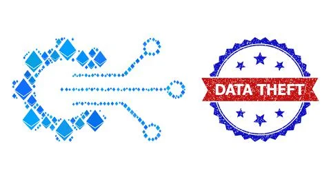 Blue Diamond Composition Gear Sensor Icon and Textured Bicolor Data Theft Stamp 스톡 일러스트