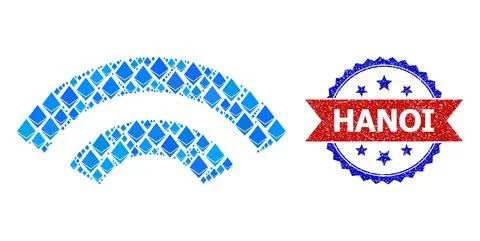 Blue Diamond Composition WiFi Waves Icon and Distress Bicolor Hanoi Stamp Stock Illustration