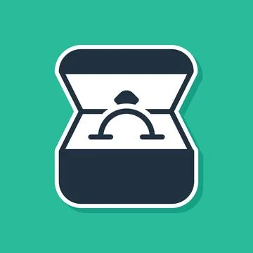 Blue Diamond engagement ring in a box icon isolated on green background.  V.. Stock Illustration