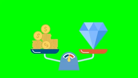Blue diamond shimmers on the measuring scale bowl. Gold coins fall on the scales Stock Footage 274190567