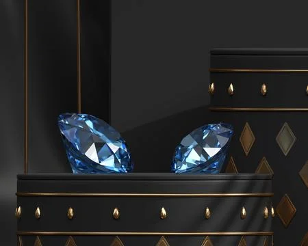 Blue diamonds placed on black background 3d rendering Stock Illustration