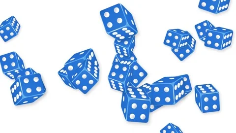 Blue Dice Falling and Bouncing on a Clean White Background Stockbeeldmateriaal 347758545