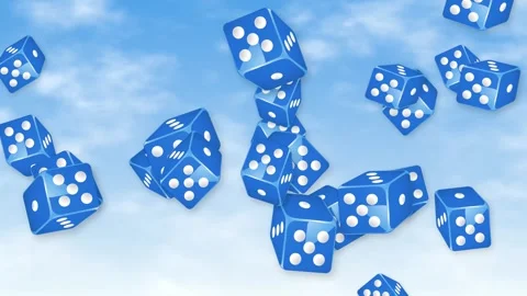 Blue Dice Falling and Tumbling Through a Bright Cloudy Sky Stock Footage 344518651