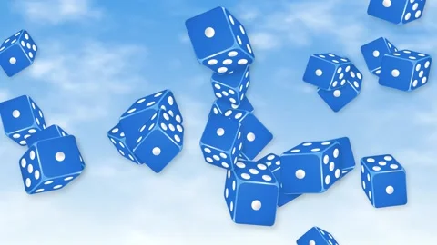 Blue Dice Falling and Tumbling Through a Bright Cloudy Sky Stock Footage 344835116