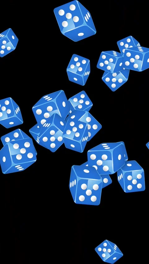 Blue Dice Falling and Tumbling Against a Solid Black Background Stock Footage 345300810