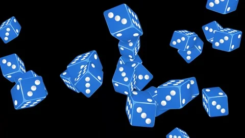 Blue Dice Falling and Tumbling Against a Solid Black Background Stock Footage 347345059