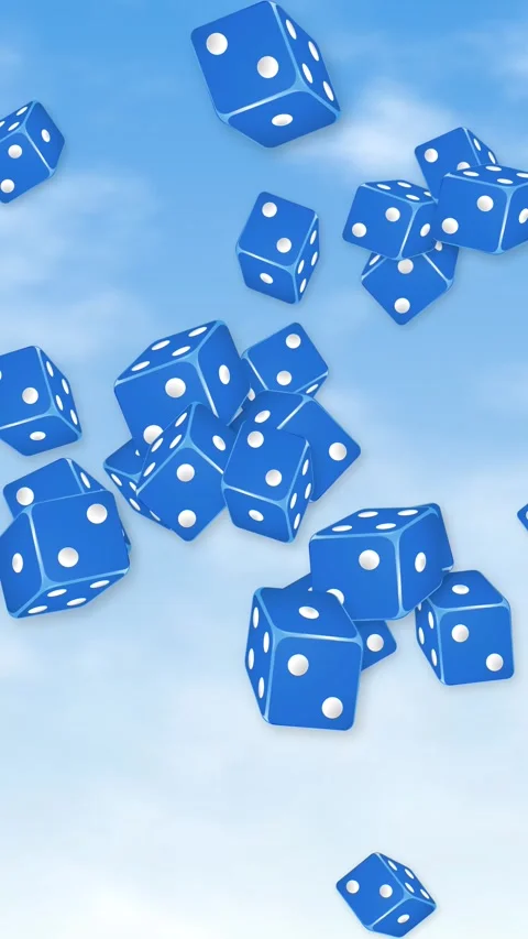 Blue Dice Falling Through a Bright Blue Sky with Clouds Stock Footage 343819158