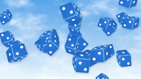 Blue Dice Falling Through a Bright Blue Sky with Clouds Stock Footage 343819905