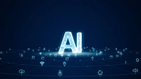 Blue digital 3D AI logo with futuristic technology icon and line connection Stock Footage 158341614