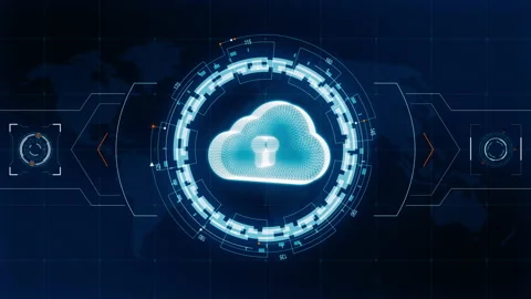 Blue digital 3D cloud computing logo with head up display background Stock Footage 158519512