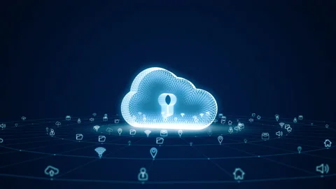 Blue digital 3D cloud logo with futuristic technology icon and line connection Stock Footage 158341684